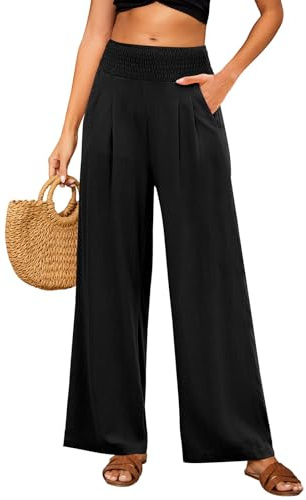 Niwicee Pantalones de Lino y Algodón Mujer Verano Casual Sólido Palazzo Cintura Alta Elástica con Bolsillos
