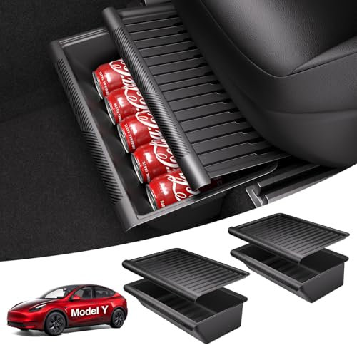 Wigoo 2024 Upgraded Tesla Model Y Accessories Under Seat Storage Box Organizer [Increased Storage & Firm Installation] TPE Underseat Storage Tray with Lid Cover, for Model Y 2019~2025 (2PCS)