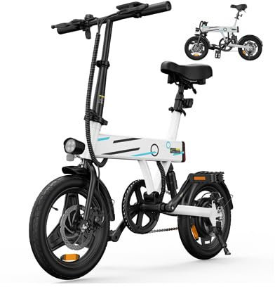 iScooter EB1 Elektrofahrrad für Herren Damen, 250 Motor 25km/h Klappbares E-Bike, 14 Zoll Elektrofahrräder,280.8Wh Akku, 40-60KM PAS Reichweite, Mini E Bikes für Pendeln, Camping, Reisen (Weiß)