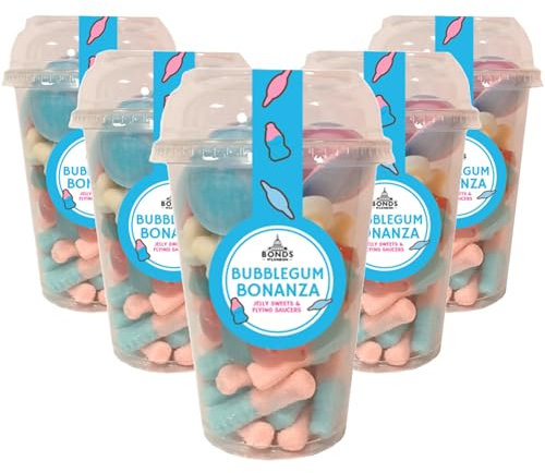 Bonds of London Bubblegum Bonanza Pick 'N' Mix Sweet Cups, Retro Jelly Sweets & Flying Saucers, 255 g (Pack of 6)