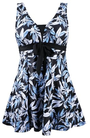 ECUPPER Womens Plus Size Swimsuit One Piece Skirted Swimwear Tummy Control Swimming Costume with Shorts Blue Leaf 18