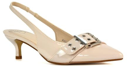 Women's Low Kitten Heel Pointed Toe Slingback Ladies Buckle Detail Nude Patent Court Shoes Size 3