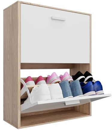 CASABEL - Mueble Zapatero de 12 Pares - Estantería de Gran Capacidad para vestíbulo o Pasillo - (Ancho) 60 x (Profundidad) 24 x (Alto) 80 cm - Madera Clara Blanca