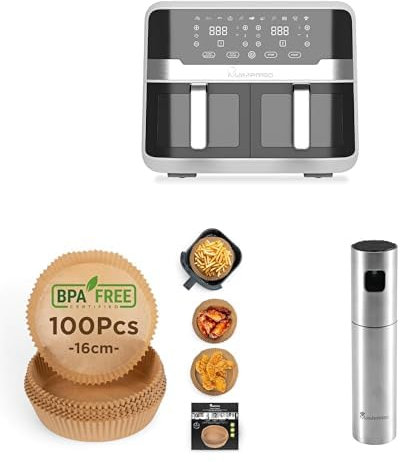 MasterPro Pack Rocket Duo 900 - Freidora de Aire Doble 9L 2400W, Control de Tiempo y Temperatura, Pantalla Digital, Cestas Fáciles de Limpiar, Control desde Smartphone + Papel Hornear 100 Pzas + Pu