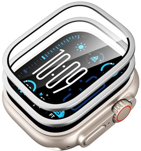 Pnakqil Lot de 2 Protection Ecran pour Apple Watch Ultra 2/1 (2024/2023/2022 49 mm) Verre Trempé avec Cadre en Alliage de Titane, Protecteur Écran Couverture Complète Sensible au Toucher, Argent