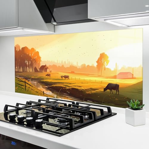 ARTHUB® Küchenrückwand aus Glas 60x150 cm, 4mm ESG | Spritzschutz, Glasplatte, Herdspritzschutz, Wandschutz für Herd, Hartglas, Landschaften, Sommer, Sunlight Cows
