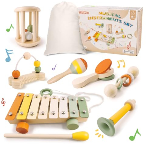 Instruments de musique 7 pièces pour bébés de 18 millions de garçons et filles de 2 à 3 ans, hochet trompette de maraca, etc. (sac de rangement inclus)