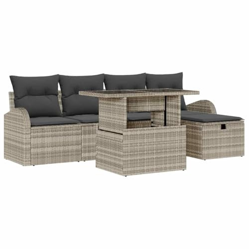 vidaXL 6-teiliges Garten-Sofaset mit Kissen in Hellgrau aus Poly-Rattan. UV-beständig, modernes Design mit Stauraum - perfekt für Balkone und Terrassen.