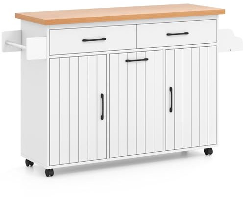 TANGZON Kitchen Island on Wheels, Rolling Kitchen Storage Trolley with Trash Bin Hamper, Adjustable Shelves, Drawers, Worktop, Spice Rack & Handle, Home Bar Dining Room Utility Serving Cart Sideboard