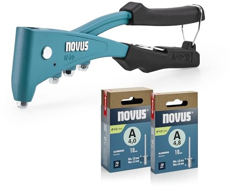 NOVUS TOOLS Blindnietzange N-30 Set mit 100 Blindnieten, ergonomische Profi-Nietzange mit 1-Hand-Bedienung und Griffverriegelung, Universal Nietenzange für Aluminium- und Stahlnieten