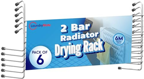 Laundry Mate Radiator Airer 6 Pack Radiator Clothes Airer Space-Saving Drying Rack 2-Bar Over Radiator Towel Rail Hanger - 6M Drying Space Ideal for Radiators, Doors and Bathroom