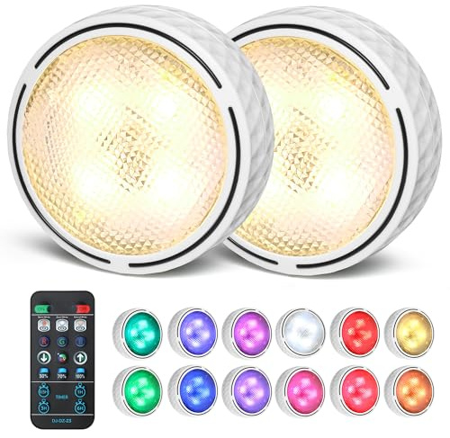 EZSION Puck Lights, Battery Powered Under Cabinet Lights, 2 Pack, White | Push & Remote Control, Warm & Cool White & RGB Colour Changing, Stick on LED Lights for Kitchen, Cupboard, Counter, Shelf