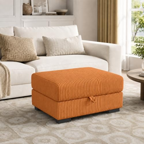 Hoscullo Sitzhocker mit Stauraum, Rechteckiger Polsterhocker Orange, Fußhocker Wohnzimmer mit Verdecktem Innenraum, Cord Hocke mit Deckel für Wohnzimmer Schlafzimmer Sofa, 87 x 68 x 45 cm