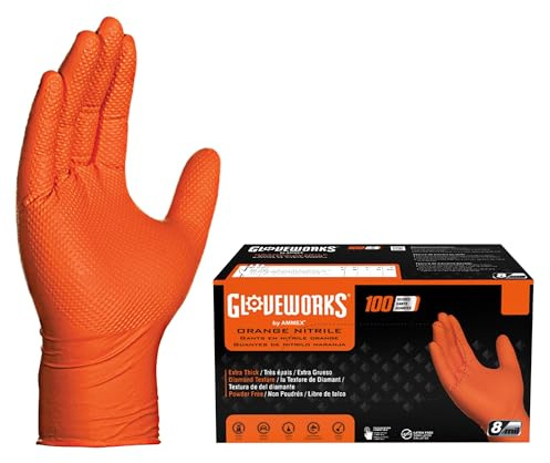 GLOVEWORKS Nitrile Gloves Disposable Orange 8 mil, X-Large Box of 100
