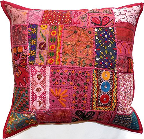 Zierkissen Bezug 61 x 61 cm Baumwolle indische Handarbeit Patchwork Bestickt Perlen ethnischen Blumen Blätter Geometrische Quadratisch Scatter Boden passt Kissen Fall bis zu 61 x 61 cm (rotbraun)