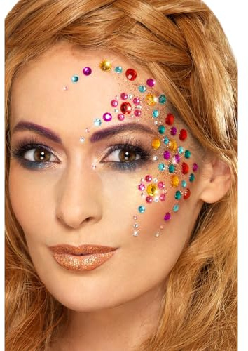 Smiffys Make-Up FX, Rainbow Jewel Face Gems, Multi Sheet of 100 Assorted, Self Adhesive, Cosmetics and Disguises Fancy Dress, Adult Dress Up Cosmetics & Disguises.