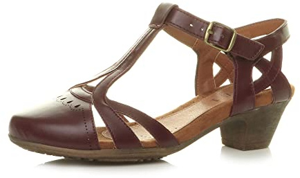 AJVANI Womens ladies mid block heel cut out T-bar smart work casual summer ankle strap comfort brogue shoes sandals size.