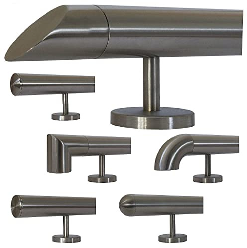 TIBU Edelstahl Handlauf Geländer Länge 0,3m - 6m aus einem Stück und unterschiedlichen Endstücken mit gerade Halter, Länge 400 cm mit 5 Halter und Enden mit schräges Endstück