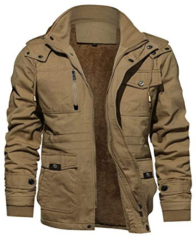 KEFITEVD Vestes avec Capuche Polaires d'hiver pour Hommes Veste Chaude de Travail Epaisse Manteau Coupe-vent avec 7 Poches Coton,Kaki,S