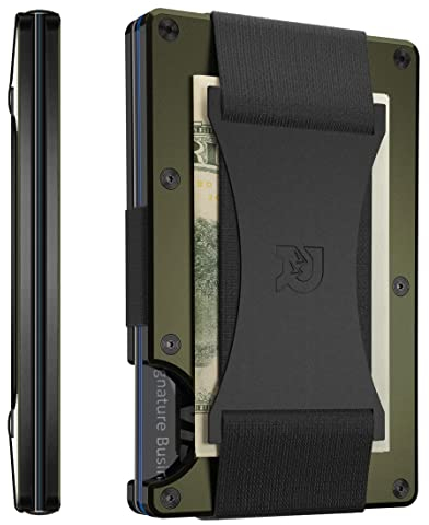 The Ridge Minimalist Slim Wallet for Men - RFID Blocking Front Pocket Credit Card Holder - Aluminum Metal Small Mens Wallets with Cash Strap (Mountain Ridge, Matte Olive)