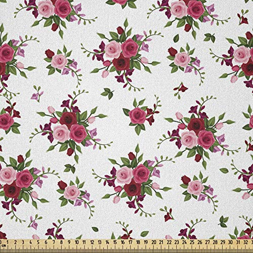 ABAKUHAUS Blumen Microfaser Stoff als Meterware, Brautsträuße Rosen, Deko Basteln Polsterstoff Textilien, 2M (230x200cm), Grün Rosa Rubin