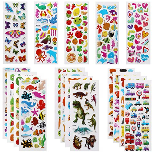 Vicloon 3D Aufkleber für Kinder, 22 Blätter 550+ Verschiedene 3D Stickers Geschwollene, Kleinkinder Aufkleber Einschließlich Tiere, Dinosaurier, Autos, Zahlen, Früchte, Flugzeug und Mehr