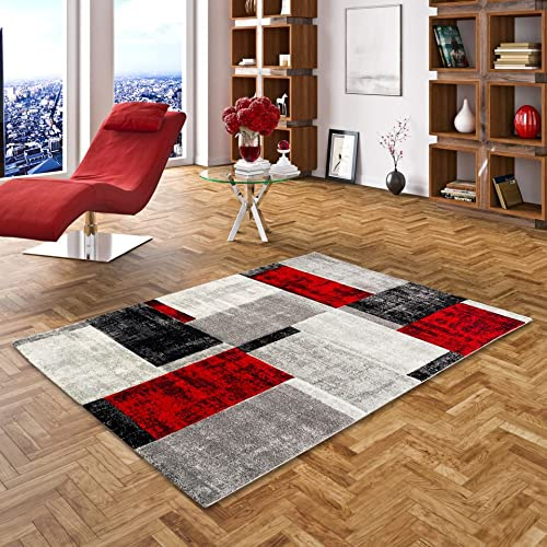 Pergamon Designer Teppich Kurzflor Maui Modern Karo Rot Anthrazit in 5 Größen