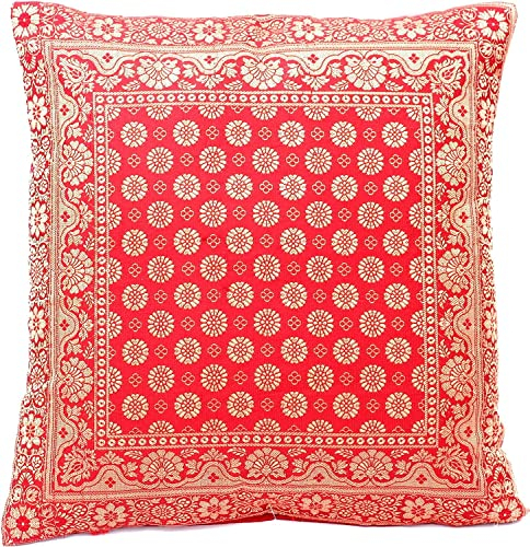 Indische Banarasi Seide Kissenbezug, Zierkissenbezug, Sofakissenbezug, Dekokissen, Zierkissen - 40x40 cm | 16x16 Zoll ***Handgewebt und Handgefertigt aus Kaschmir-Indien*** (Rot)