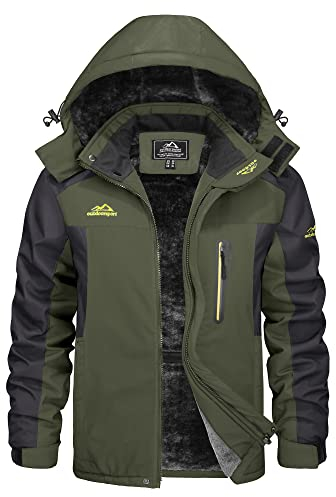 KEFITEVD Men's Winter Skiing Jacket Waterproof Outdoor Coat Softshell Windproof Hiking Jackets with Detachable Hood,Army Green,L