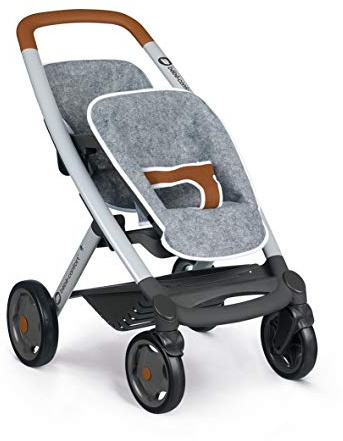 Smoby Bébé Confort 253205 Zwillings-Kinderwagen, grau, für Puppen und Puppen, leise, multidirektionale Räder, Aufbewahrungskorb