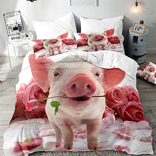 Morbuy Schweinchen Drucken Bettbezug Bettwäsche Set - Erwachsene Kinder Bettwäsche-Set, Mikrofaser Weiche Bettbezug mit Reißverschluss und Kissenbezüge (135x200cm,Rose Schweinchen)