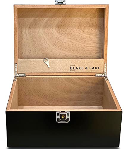 Black Wooden Storage Box with Hinged Lid and Locking Key- Large Keepsake Box with Lock - Wood Chest with Matte Finish - Store Jewelry Keepsakes Photos Gift Boxes (Black)