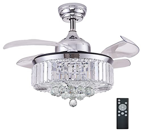 36 Ceiling Fan With Lights, Retractable Dimmable Pendant Fandelier Crystal Ceiling Fan Chandelier With Remote Control LED For Bedroom Living Room Polished Modern Chrome Silver