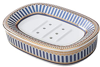 KiaoTime Porte-savon pour salle de bain douche, porte-savon en céramique chic rayé bleu avec égouttoir, grande taille pour le visage, le corps, la salle de bain, la cuisine, la baignoire, le comptoir