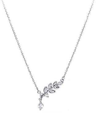 IMINI CZ Olive Leaf Pendant Necklace for Women Girls 925 Sterling Silver Cubic Zirconia Crystal Leaves Branch Charm Chain Choker Necklaces Dainty Elegant Birthday Wedding