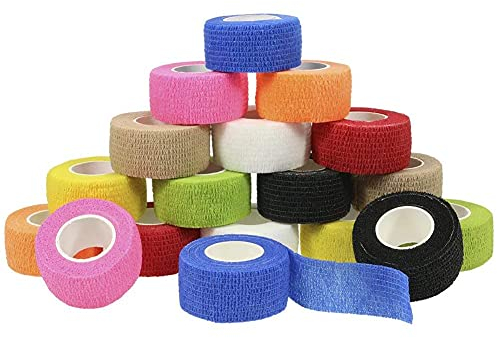 QiGui 18 Rouleaux Bandage Auto-Adhésif Tissus non Tissés Bandage Pansements Bandage Medical Vétérinaire Bande Cohesive Animal pour Poignets Cheville Mains Pieds 9 Couleurs 2.5cm X 4.5m