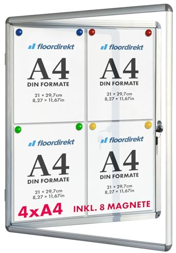 Floordirekt Schaukasten 4xA4 inkl. 8 Magnete Infokasten Aushang Aushangkasten Magnetische & beschreibbare Rückwand Plakatschaukasten mit Alurahmen & Acrylglas