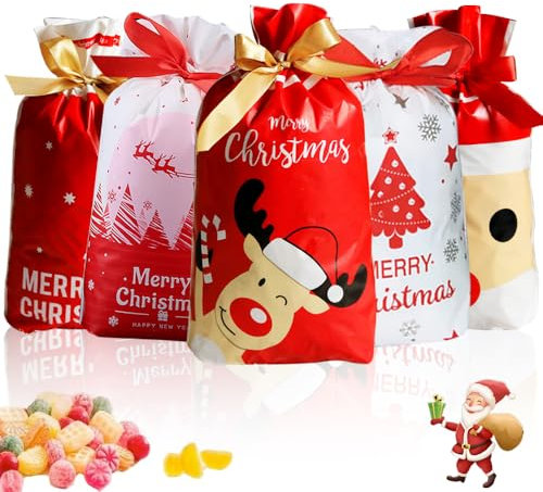 Anyingkai 50 Stücke Wiederverwendbar Weihnachten Geschenkbeutel mit Kordelzug Weihnachtstüten süßigkeiten Weihnachtsgeschenkbeutel Geschenktüten Weihnachten Umweltschutzmaterial