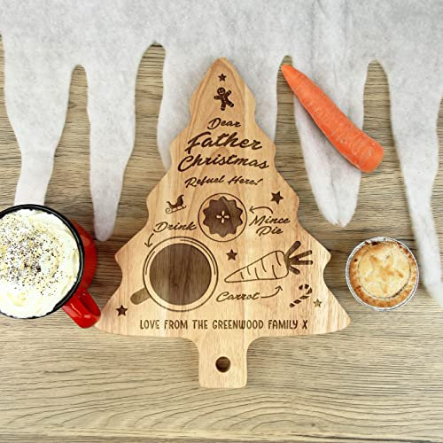 eBuyGB Personalised Father Christmas Eve Board, Dear Santa Refuel Here, Reindeer Treat Plate, Wooden Tree Shaped Snack Tray