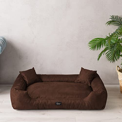 exclusive BED Hundebett Puffi Grosse Mittelgroße Kleine Hunde - Hundekissen Hundematte aus Alcantara-Stoff - Waschbar Kuschelig Langlebig Abriebfest Reißfest (L+| 90x70cm, Braun)