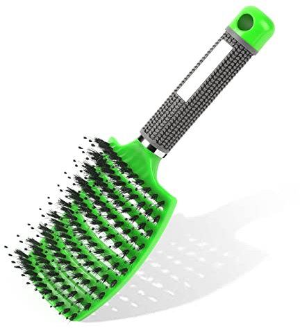 URAQT Haarbürste, Profi Entwirrungsbürste mit Griff, Haarbürste ohne Ziepen, Wildschweinborsten Haarstyling Bürste für Locken Lange Feine Dicke Lockige Haare (J-Grün)