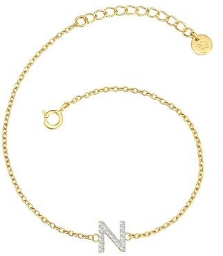 GLANZSTÜCKE MÜNCHEN Damen Armband 925/- Sterling Silber gelbgold | gelbvergoldet 14 Karat, Ankerarmband, Zirkonia, weiß, Buchstabe N, Federring