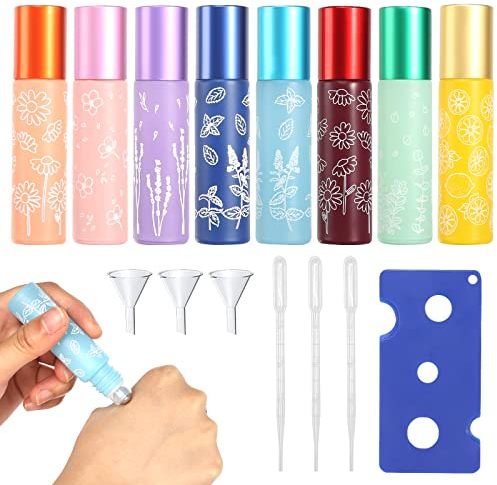 8 Stück Roll on Flasche Leer mit Edelstahl Roller Ball, 10ml Glasflaschen für Ätherische Öle, Ätherische Öle Roller Flaschen mit Öffner Tropfer Trichter für Ätherisches Öl Parfüm Massage
