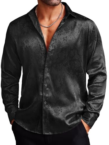 COOFANDY Mens Shirts Long Sleeve Paisley Floral Rose Printed Dress Shirts Prom Wedding Party Button Down Shirts Black S