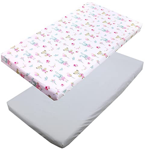 TupTam Baby Spannbettlaken Kinder Spannbetttuch für Babybett Kinderbett 2er Pack, Farbe: Fuchs/Kaninchen/Rosa, Größe: 60 x 120 cm