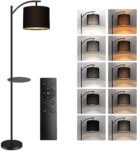 BBHome Lampadaire LED avec télécommande et source lumineuse dimmable, températures de couleur variables, dimmable en continu, lampadaire avec étagère amovible pour salon, chambre, bureau, noir et doré
