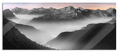 Pixxprint Glasbild Panorama, Wandbild aus Echtglas, Leuchtender Nebel in Bergtälern B&W Detail, 120x50 cm, inkl. Aufhängung und Abstandshalter