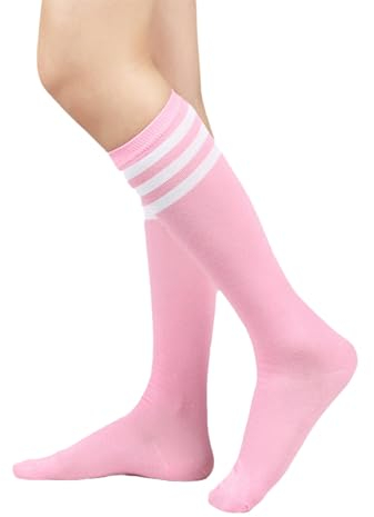 Benefeet Sox Kniestrümpfe für Damen und Mädchen, dreifach gestreift, für Rollschuhe, Baumwolle, Sportsocken, Kostümstrumpf, Rosa mit weißem Band, Einheitsgröße