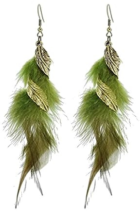 LODMLOER Böhmische Quasten-Lange Tropfen-Ohrhänger – Handgefertigte Bunte Fransen-Feder-Ohrhänger, Vintage-Natürliche Lange Feder-Quasten-Ohrringe Für Frauen Und Mädchen, Schmuck, Grün
