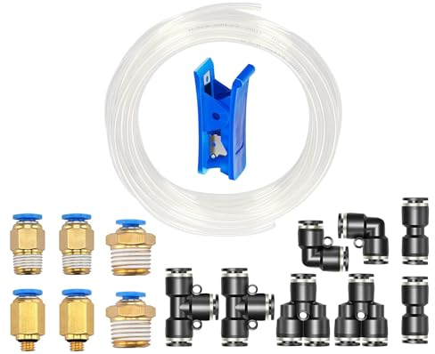 HUAZIZ transparente Polyuréthane PU Air Tuyau Kit 4mm OD x 2,5mm ID, 10m PolyuréthaneTuyau Pneumatique avec 14 Connecteur Pneumatique Raccords Rapides à Pression(Forme Y/T/L/I) 1 Coupe-Tuyau